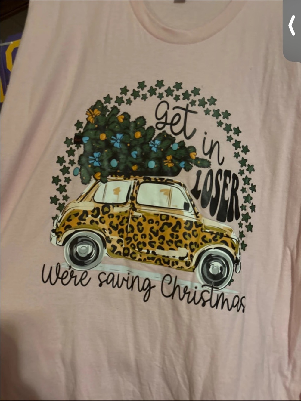 Gildan Light Pink Tee with Leopard Print Car & Christmas Tree Graphic